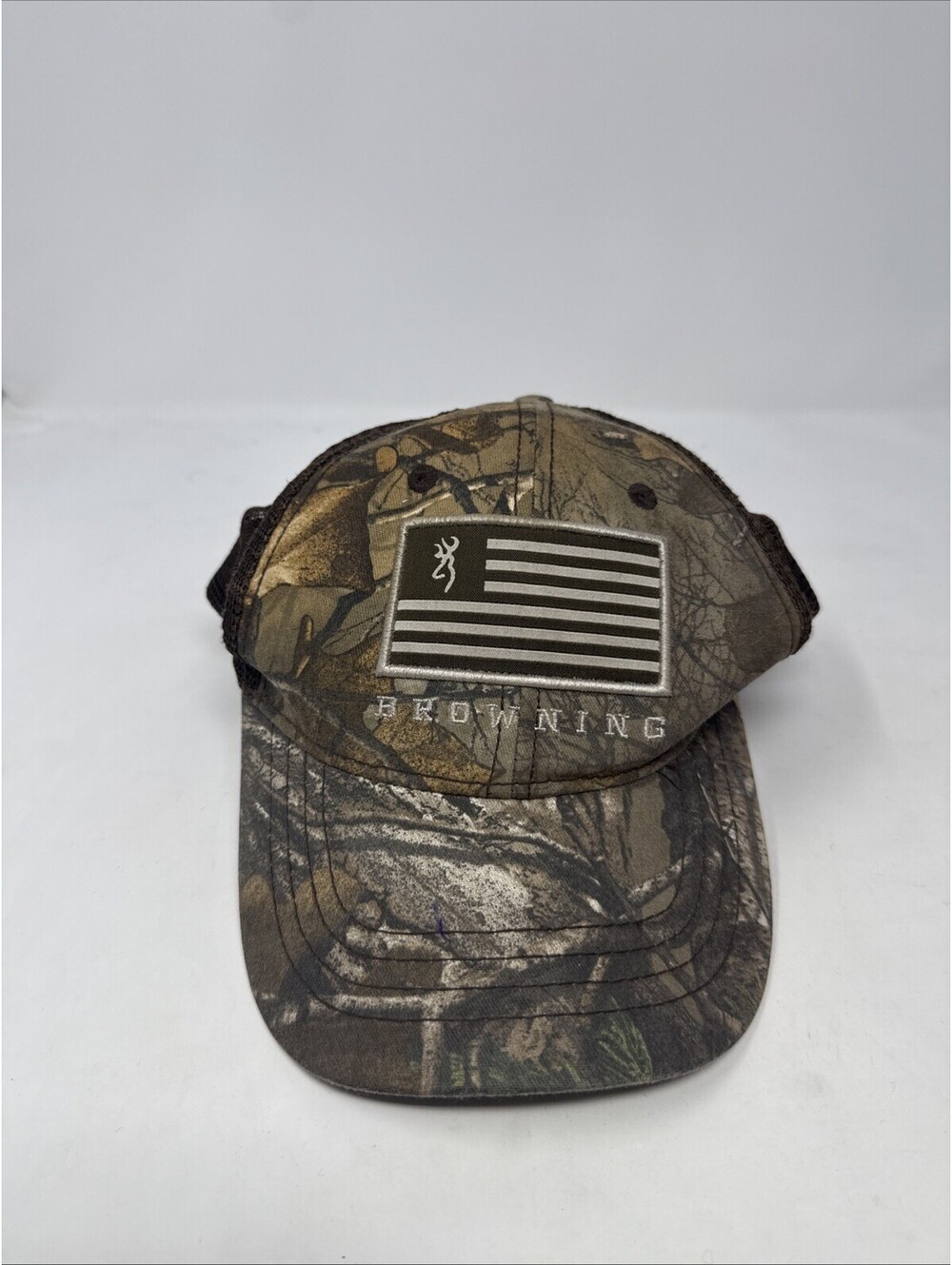 Browning Camo Trucker Hat Mens Realtree Edge American Flag Patch Snapback Cap